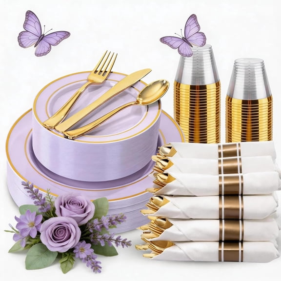 175PCS Purple Plates Disposable - Lavender Plastic Plates 25Guests Plastic Dinnerware with Rolled Napkins for Birthday/Spring/Baby Shower/Mother's Day