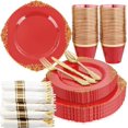 thumbnail image 1 of 175PCS Red Plastic Plates - Disposable Red Gold Party Plates & Pre Rolled Napkins with Cutlery for 25 Guests, 50Plates, 75Silverware, 25Cups, 25Napkin for Wedding & Party & Independence, 1 of 18