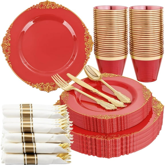 175PCS Red Plastic Plates - Disposable Red Gold Party Plates & Pre Rolled Napkins with Cutlery for 25 Guests, 50Plates, 75Silverware, 25Cups, 25Napkin for Wedding & Party & Independence