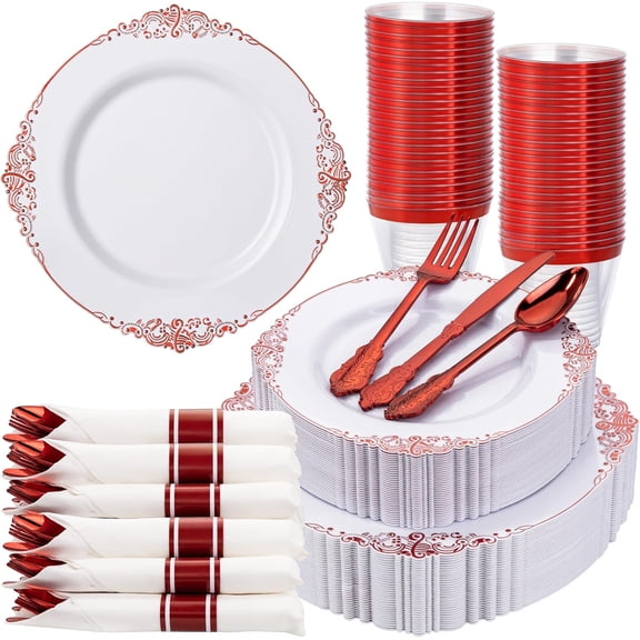 175PCS Red Plastic Plates - White Red Plastic Dinnerware Sets for 25 Guests - 50 Red Disposable Plates, 25 Pre Rolled Cutlery Set, 25 Cups Perfect for Wedding, Party & Christmas
