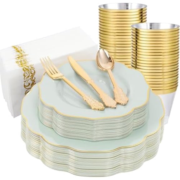 175PCS Sage Green Plastic Plates with Gold Disposable Silverware - Include 50 Green and Gold Plastic Plates,25 Knives,25 Forks,25 Spoons,25 Cups and 25 Napkins - Ideal for Wedding/Spring Party