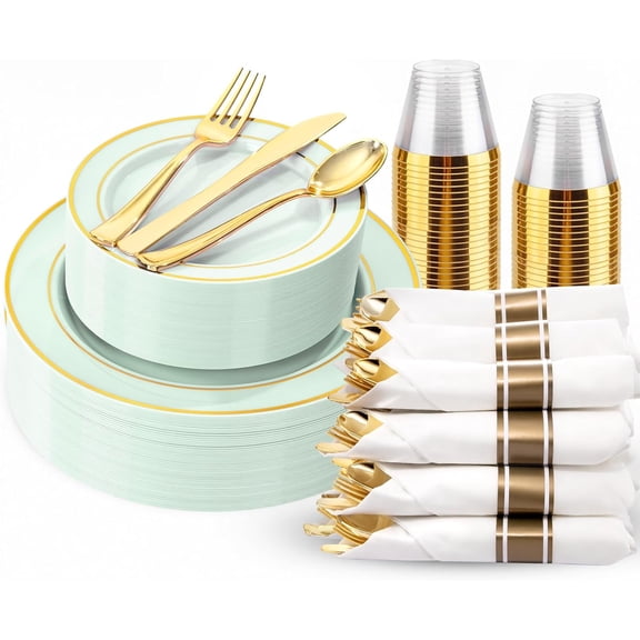 175PCS Sage Green Plastic Plates - Heavy Duty Green Plates Disposable - 25Guests Plastic Dinnerware with Rolled Napkins for Spring/Birthday/Baby Shower