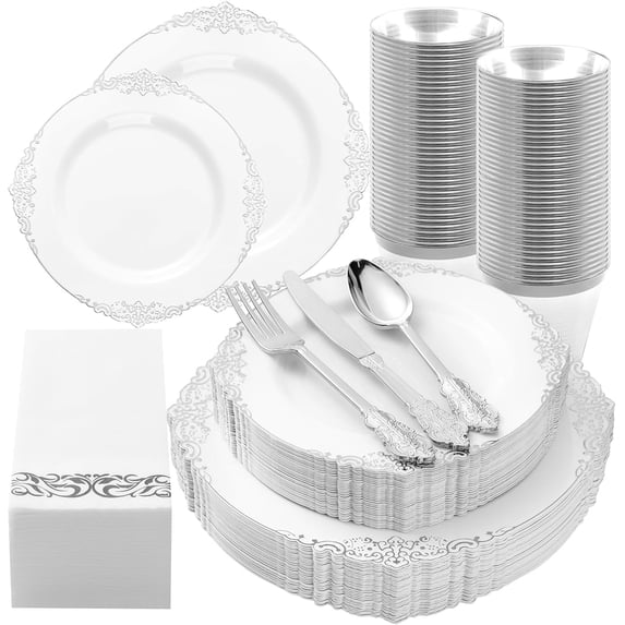 175PCS Silver Plastic Dinnerware Sets for 25 Guests, Disposable Plate Sets with 25 Dinner Plates, 25 Dessert Plates, 75 Silverware, 25 Cups, 25 Napkins for Thanksgiving & Party & Wedding