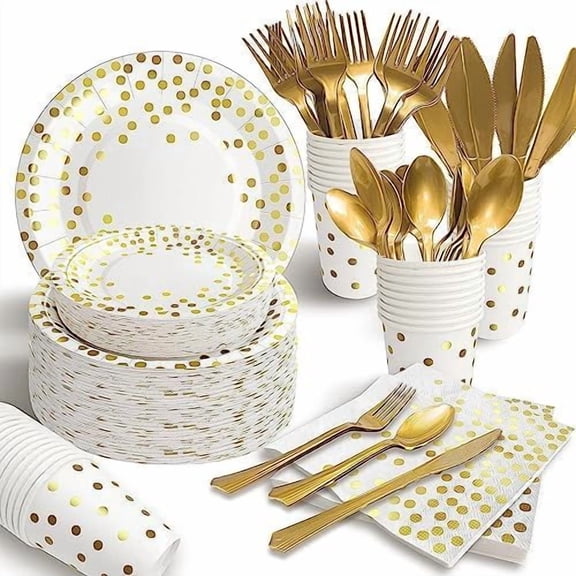 175PCS White and Gold Paper Plates Party Supplies for 25 Guests Disposable Party Decorations Dinnerware Golden Dot Paper Plates Napkins Cups Gold Plastic Forks Knives Spoons for Wedding Birthday
