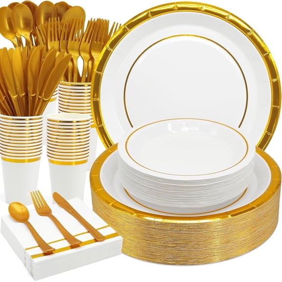 175PCS White Gold Paper Plates Party Supplies Dinnerware Sets for 25 Guests, Disposable Paper Party Plates, Cups and Napkins, for Wedding Birthday BBQ