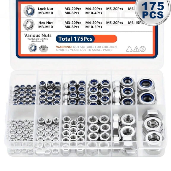 175Pcs 304 Stainless Steel Nylon Insert Lock Nuts Assortment Kit M3-M10 Metric Nut Set