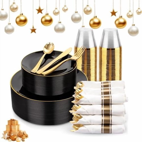 175Pcs Black Plates Disposable - Heavy Duty Black and Gold Plastic Plates- 25 for Dinner 25 for Dessert 25 Pre Rolled Gold Silverware and 25 Cups for New Year/Birthday Party