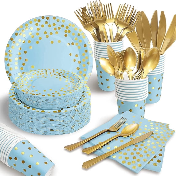 175Pcs Blue and Gold Paper Plates Dinnerware Sets for 25 Guests, Party ...