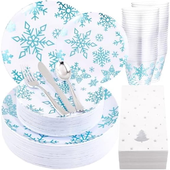 175Pcs Christmas Plates and Napkins Disposable Dinnerware Set for 25 Guests, White Blue Plates with Silverware, White Snowflake Cups and Festive Holiday Napkins Perfect for Christmas Winter