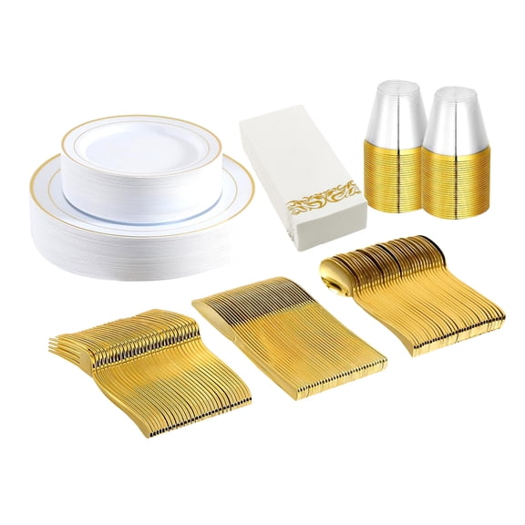 175-Piece Gold Disposable Dinnerware Set  Plates, Cups, Utensils, Napkins for Parties and Events