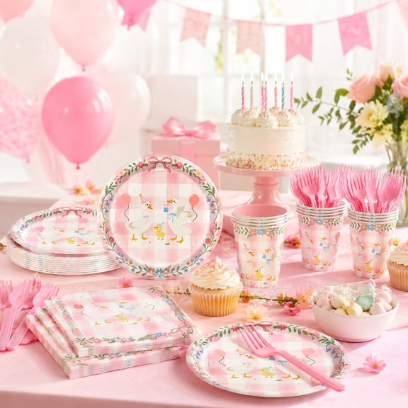 175Pcs Duck Party Supplies Tableware Set, Pink Disposable Plates Cups Napkins and Cutlery for 25 Guests, Birthday Celebration Decor