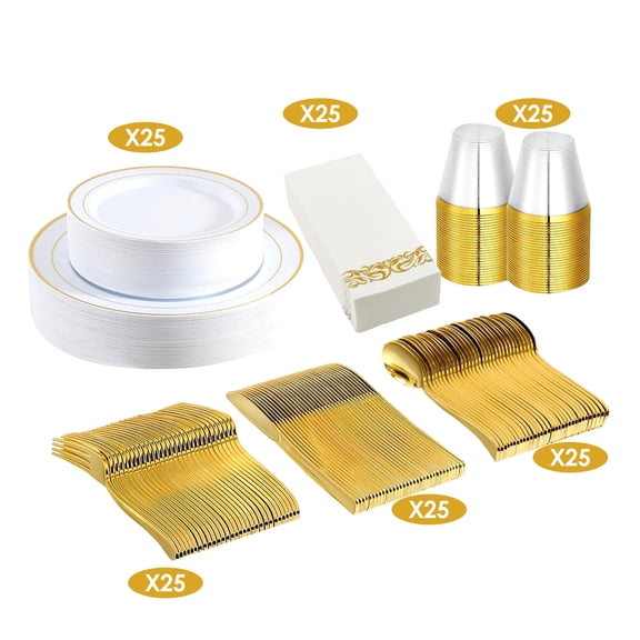 175Pcs Gold Disposable Dinnerware Set Premium Gold Rim Plastic Plates Cups Forks Spoons Knives & Napkins Party Supplies for Wedding Birthday Bridal Shower Anniversary Baby Shower Holiday Catering