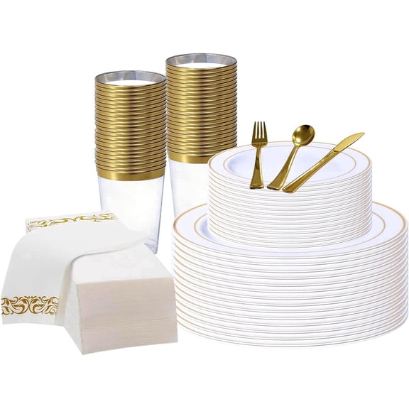 DQQKMM 175Pcs Gold Dinnerware Set for 25 Guests, for 25 Guests, 50 Plates, 75 Silverware, 25 Napkins, 25 Cups