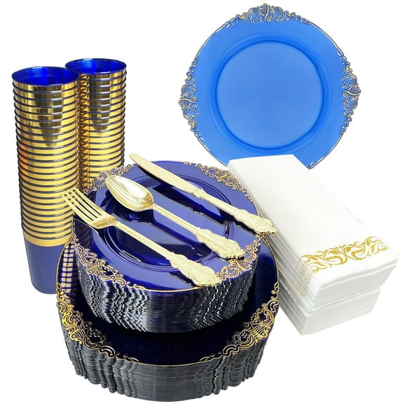 175Pcs Multi-Use BLUE and Gold Plastic Dinnerware