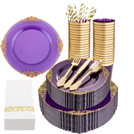 200Pcs Multi-Use Purple and Gold Plastic Dinnerware