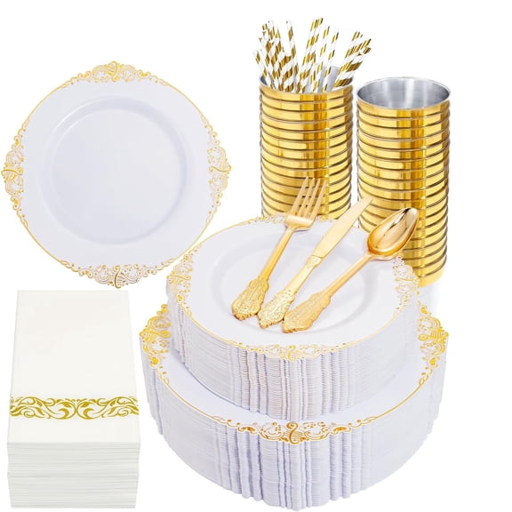 200Pcs Multi-Use WHITE and Gold Plastic Dinnerware