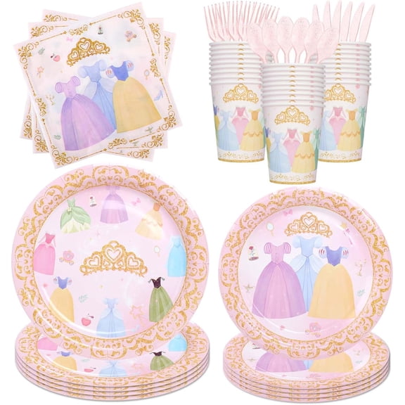 175Pcs Princess Paper Plates Napkins, Princess Themed Birthday Party Decorations Pink Party Supplies Disposable Dinnerware Set Plate, Utensils, Cup, Napkin, Tableware Set, Serve 25 Guests