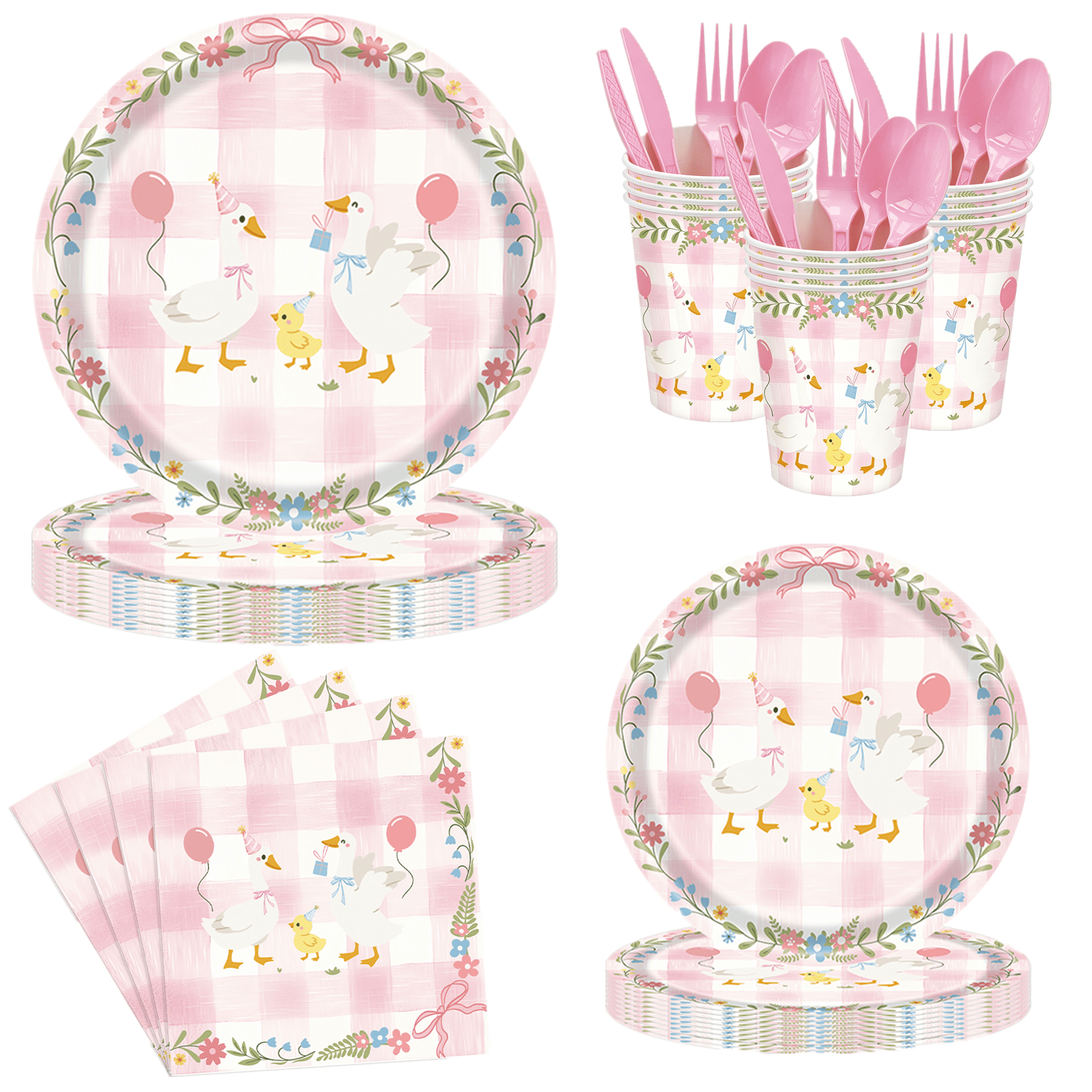 175Pcs Silly Goose Birthday Party Tableware Set, Pink Gingham Silly Goose Paper Plates and Napkins Pink Bow Duck Tableware Set for Kids Girls Baby Shower 1st Birthday Party Decoration, Serve 25