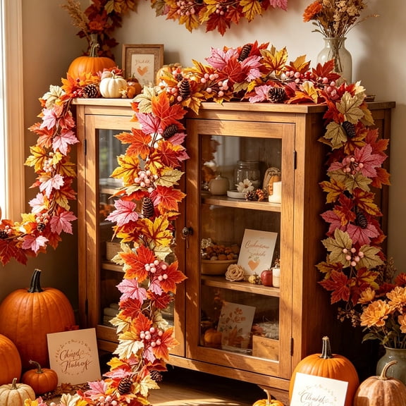 175cm Fall Artificial Maple Leaf Hanging Vine, No Pruning Required Durable Texture Bendable Custom Layout Foliage, Wall Arch Accent for Halloween Thanksgiving Farmhouse Seasonal Decor