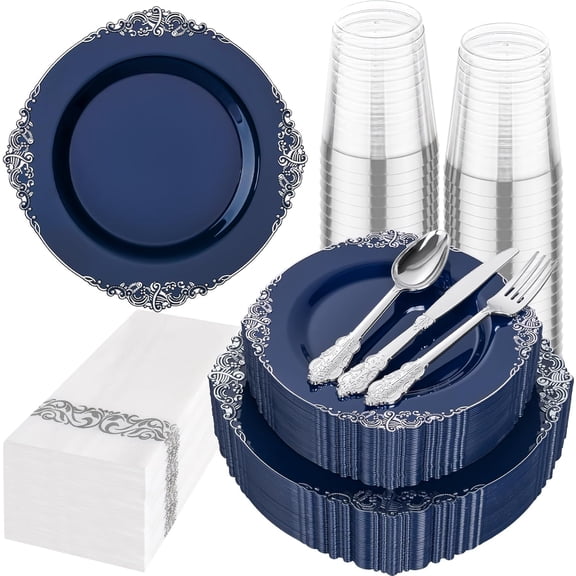 175pcs Blue and Silver Plastic Plates - Elegant Disposable Dinnerware Set Suitable for 25 Guests Include 10.25" Dinner & 7.5" Dessert Plates, Cutlery, Napkins, Cups for Party & Wedding