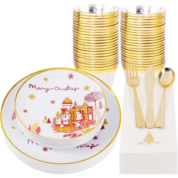 175pcs Christmas Plastic Plates - White Red Disposable Plates - Christmas Train Plates include 50 Plates,75 Silverware, 25 Cups, 25 Napkins for Christmas Party