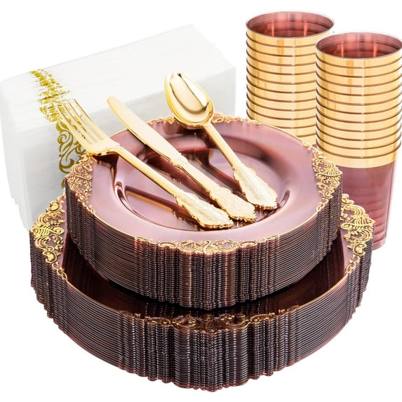 175pcs Clear Burgundy Plastic Plates,Burgundy Red Disposable Plates include 25 Dinner Plates 25 Dessert Plates 25Knives 25Forks 25Spoons 25Cups 25Napkins Perfect for Wedding&Parties