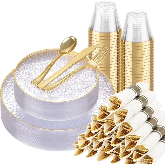 175pcs Clear Gold Plastic Plates - Clear Plastic Dinnerware Set Includes 25 Dinner Plate, 25 Dessert Plate, 25 Cups, 25 Napkins Perfect for Wedding & Party & Wedding
