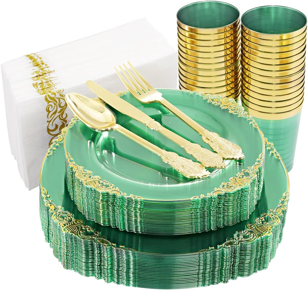 Elegant Green and Gold Plastic Dinnerware Set for 25 Guests