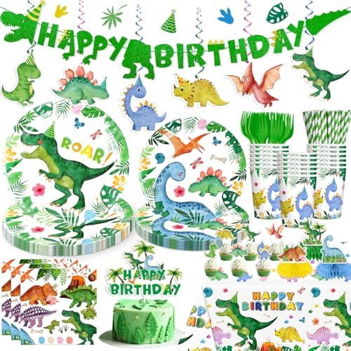 175pcs Dinosaur Birthday Decorations: Plates, Napkins, Banner, Tablecloth, Cake Topper, Serves 25 – Home Decor