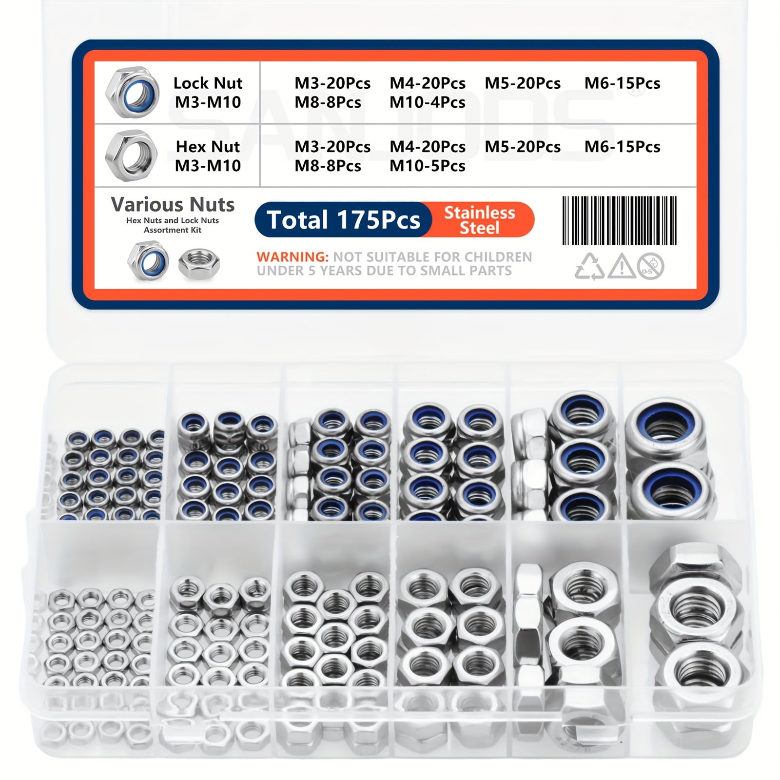 360 Pcs Hex Nuts Assortment Set, Self-Locking Nuts Set, Lock Nut, Carbon Steel Locknuts For Screws, Thread Hexagon Nut For Bolts, Anti-Loose Insert Nuts, M2 M2.5 M3 M4 M5 M6 M8