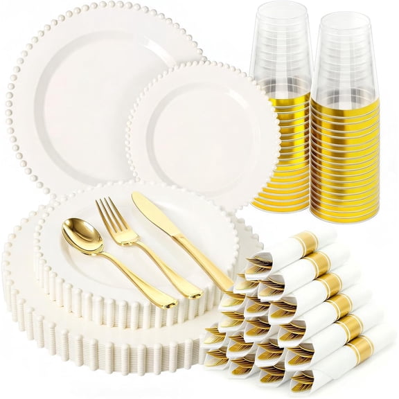 175pcs Plastic Dinnerware Set,Ivory Fancy Beaded Plastic Plates for 25 Guests Include 50 Elegant Plastic Plates,75 Plastic Silverware Set,25 Cups and 25 Pre Rolled Napkins for Party,Wedding