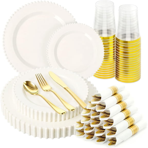 175pcs Plastic Dinnerware Set,Ivory Fancy Beaded Plastic Plates for 25 Guests Include 50 Elegant Plastic Plates,75 Plastic Silverware Set,25 Cups and 25 Pre Rolled Napkins for Party,Wedding