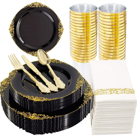 175pcs Plastic Plates -Black and Gold Plastic Plates Disposable Include 25 Dinner Plates,25 Dessert Plates,25 Knives,25 Forks,25 Spoons,25 Napkins Perfect for Wedding & Parties