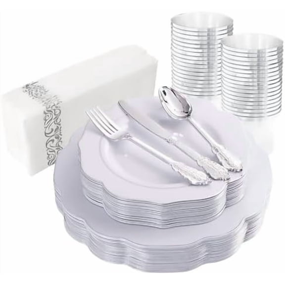 175pcs Silver Plastic Plates - Silver Rim Plastic Tableware Include 25 Dinner/Dessert Plates, 25 Forks, 25 Knives, 25 Spoons for Wedding/Party