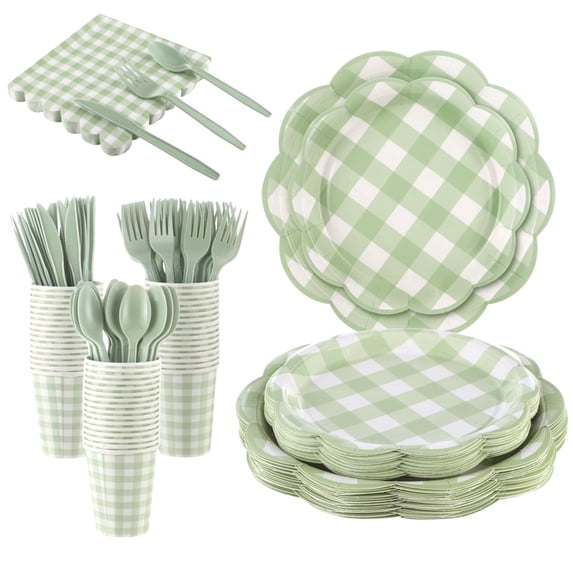 175 Pcs Sage Green Gingham Party Supplies, Checkered Paper Plates, Cups, Cutlery, and Napkins Set for 25 Guests, Disposable Dinnerware for Wedding, Birthday, Picnic
