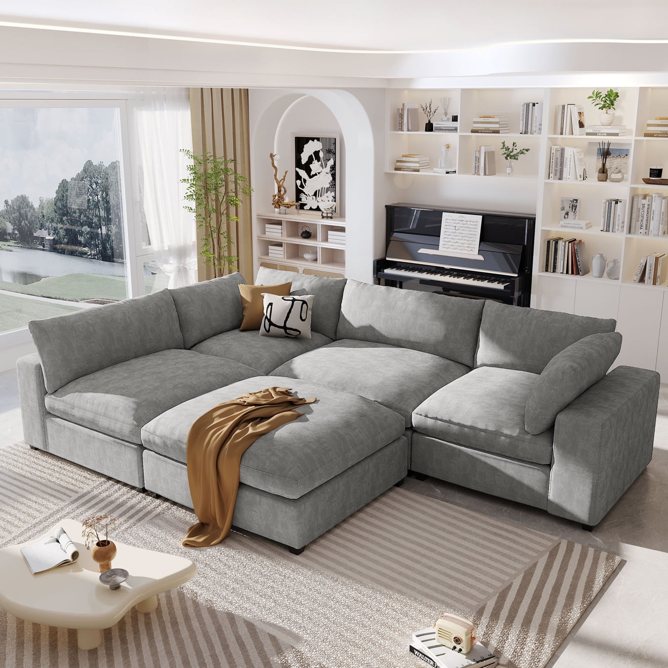 176.4" Modular Sectional Sofa with Movable Ottoman, Oversized Cloud Down Filled L-Shaped Sofa Couch, Minimalist Wide Deep Seat Convertible Couch, 5-Seater Sectional Couch for Living Room, Gray