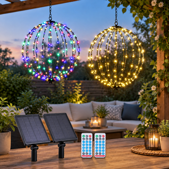 176 LED 13 Inch Solar Lighted Sphere Balls, 2 Pack, Waterproof Rechargeable Globe Lights for Indoor Outdoor Holiday Decor
