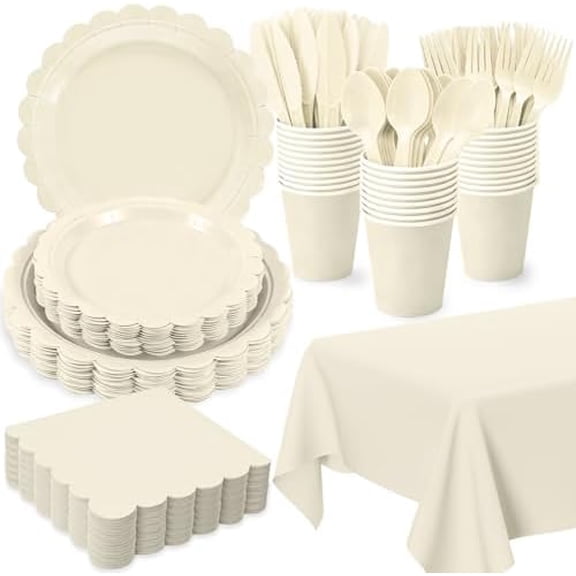 176 PCS Ivory Plates and Napkins - Beige Scalloped Plates, Napkins, Cups, Cutlery, Tablecloth for Baby Shower, Wedding, Birthday Party Decorations, Serves 25
