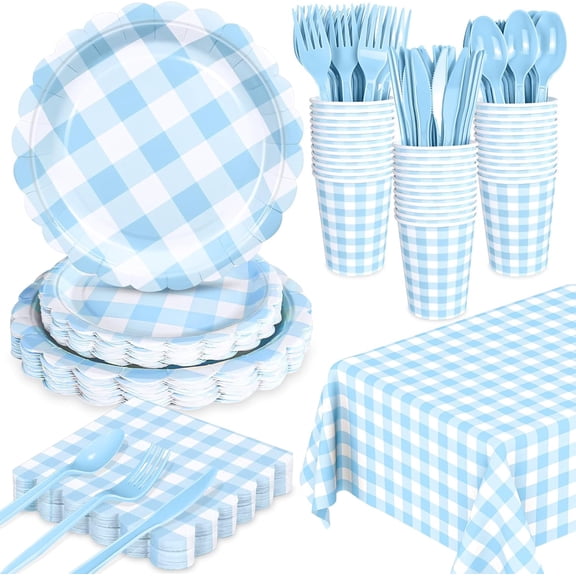 176 PCS Light Blue Gingham Disposable Tableware Set Serves 25, Checkered Plates Napkins Cups Plastic Spoons Forks Knives, Wedding Birthday Dinner Party Supplies