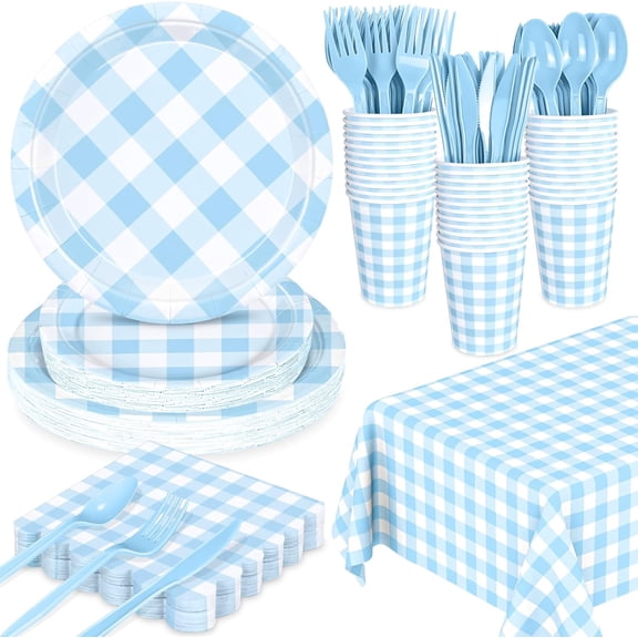 176 PCS Light Blue Gingham Round Plates and Napkins,Blue Checkered Disposable Plates Set with Napkins Cups Plastic Spoons Forks Knives for Dinner Birthday Baby Shower Wedding Supplies Serve 25 Guests