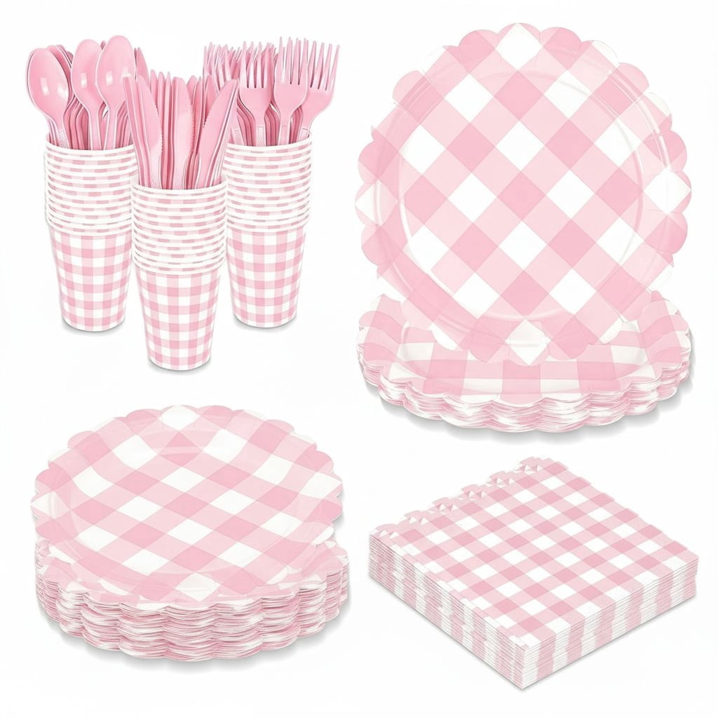 176 PCS Light Pink Gingham Plates and Napkins, Pink Checkered Disposable Plates Set with Napkins Cups Plastic Spoons Forks Knives for Dinner Birthday Baby Shower Wedding Supplies Serve 25 Guests