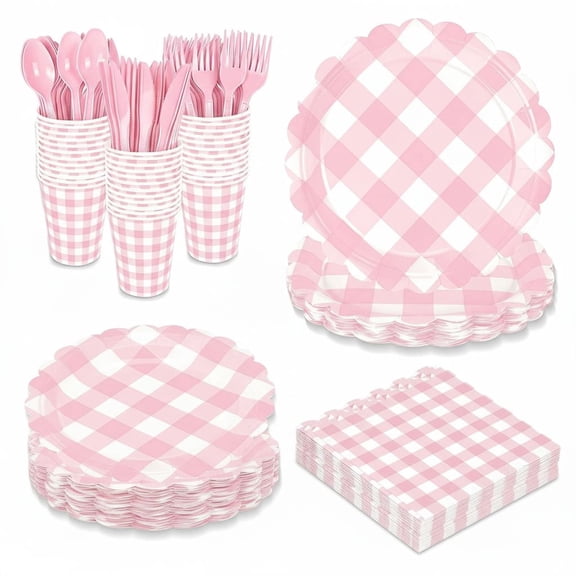 176 PCS Light Pink Gingham Plates and Napkins, Pink Checkered Disposable Plates Set with Napkins Cups Plastic Spoons Forks Knives for Dinner Birthday Baby Shower Wedding Supplies Serve 25 Guests