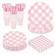 176 PCS Light Pink Gingham Plates and Napkins, Pink Checkered Disposable Plates Set with Napkins Cups Plastic Spoons Forks Knives for Dinner Birthday Baby Shower Wedding Supplies Serve 25 Guests