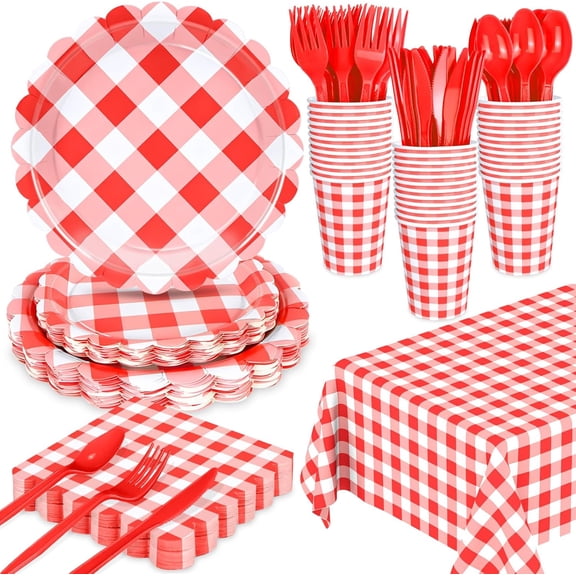 176 PCS Red Gingham Disposable Tableware Set Serves 25, Checkered Plates Napkins Cups Plastic Spoons Forks Knives, Wedding Birthday Dinner Party Supplies