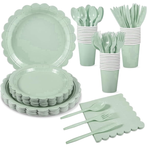 176 Pcs Party Plates and Cups and Napkins Sets, 9" Paper Plates, 7" Dessert Plate, 9oz Cups & Cutlery, 25 Guest Scalloped Party,Green
