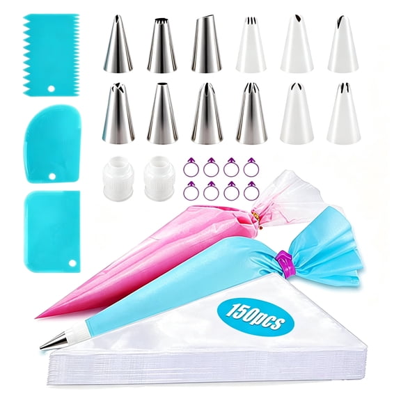Piping Bags and Tips Set, 150pcs 12 Inch Anti Burst Piping Bags, 1 Reusable Pastry Bags, 12 Piping Tips, 8 Icing Bags Ties, 3 Cake Scrapers and 2 Couplers