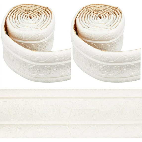 176 x 3in White Crowning Peel and Stick Self Adhesive Flexible Foam Trim 3D Sticky Decorative Wallpaper Border Wall Edging Foam Baseboard Mirror Border Wall Lines Hotel DIY