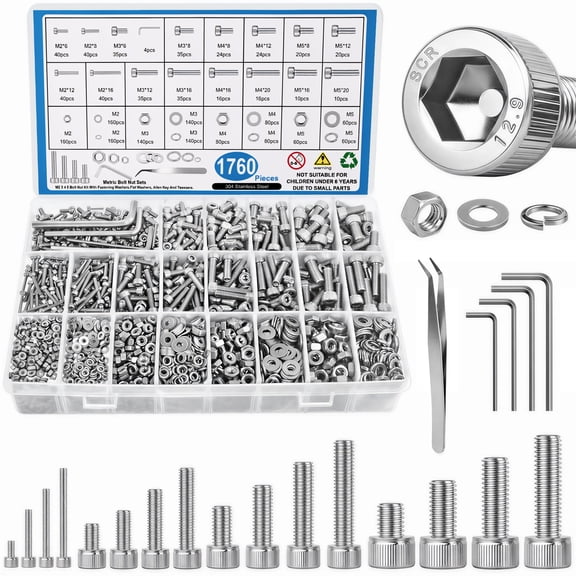 1760 Pcs Metric Screw Assortment Kit,M2 M3 M4 M5 Screws Set, Hex Socket Head Cap Bolts Nuts and Washers Kit for 3D Printing DIY, Grade 12.9 Alloy Steel, Silver