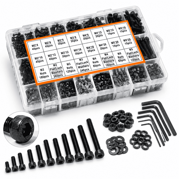 1760PCS M2 M3 M4 M5 Metric Hardware Screws Nuts and Bolts Assortment Kit
