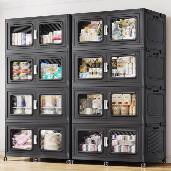 1760QT Extra Large Stackable Storage Bins with Lid, 440Gal Collapsible Closet Organizer and Storage Drawers with Wheels, Plastic Storage Box, 8Packs, Black